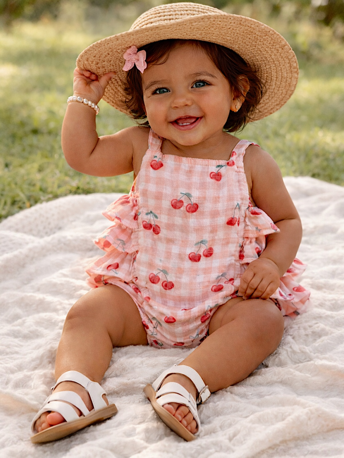 Gingham Cherries Muslin Ruffle Sunsuit — Baby Girl