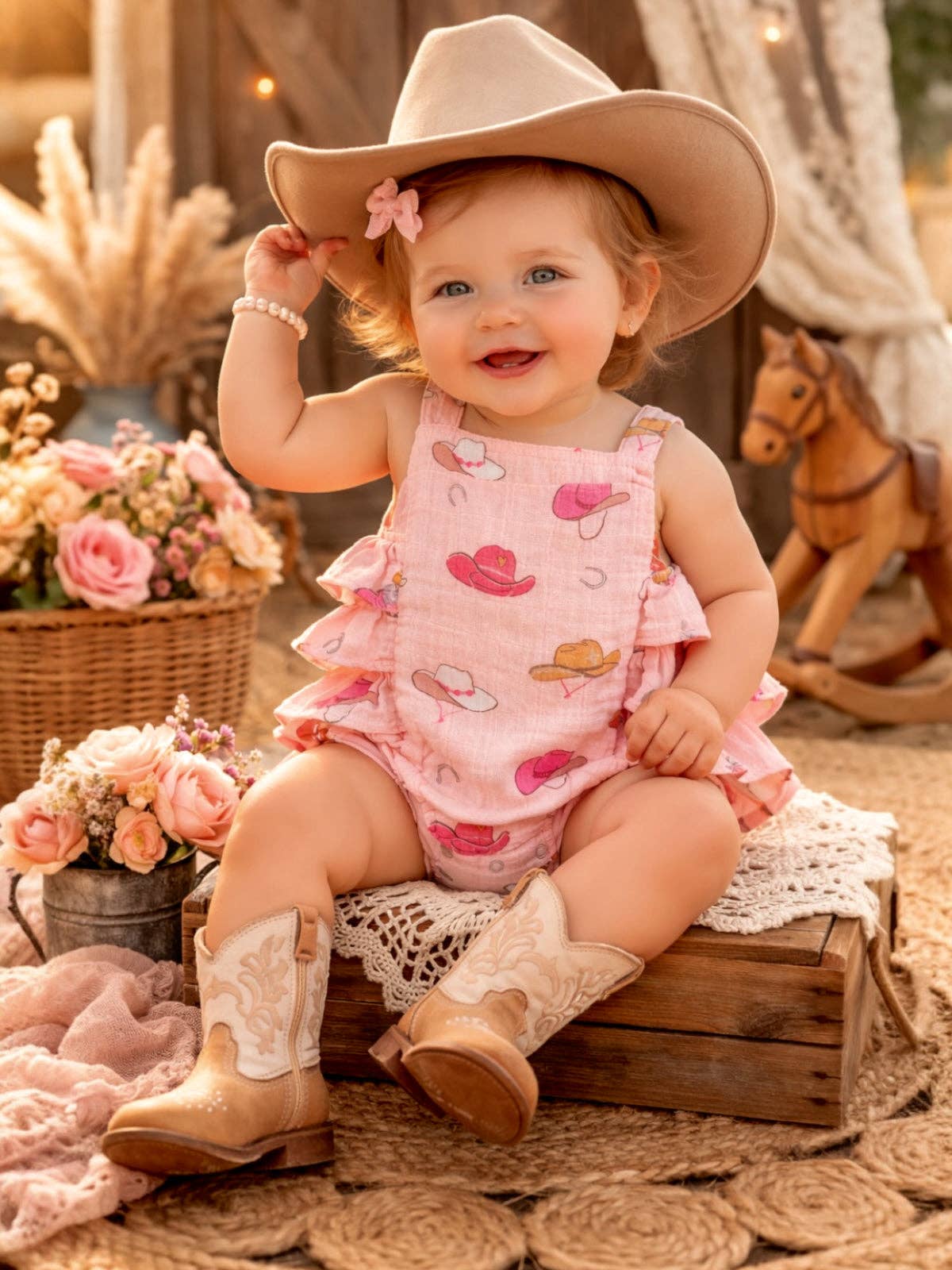 Western Pink Muslin Ruffle Sunsuit — Baby Girl