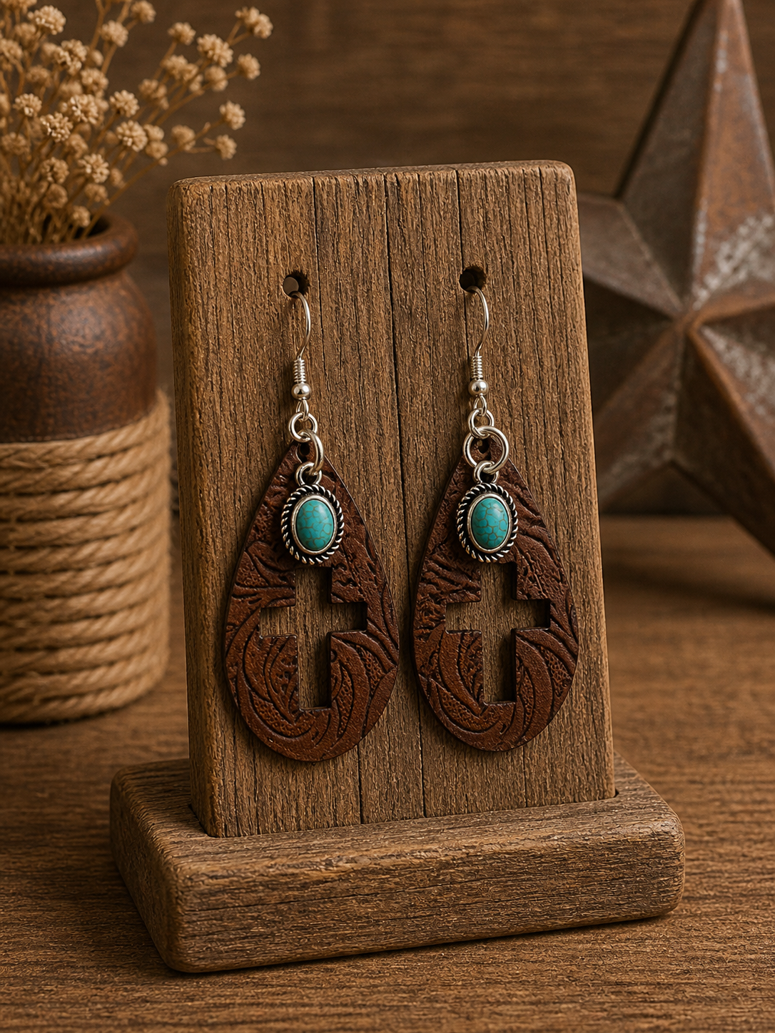 Tooled Leather Teardrop Cross Earrings w/Turquoise Pendant