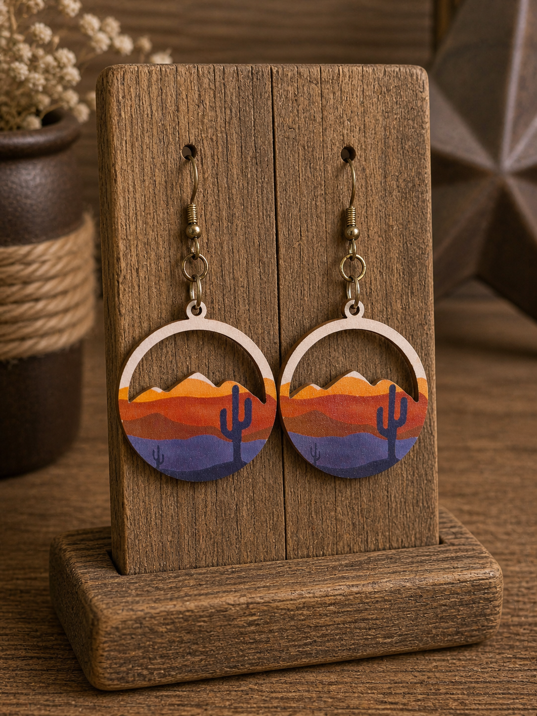 Wooden Desert Scene Dangle Earrings