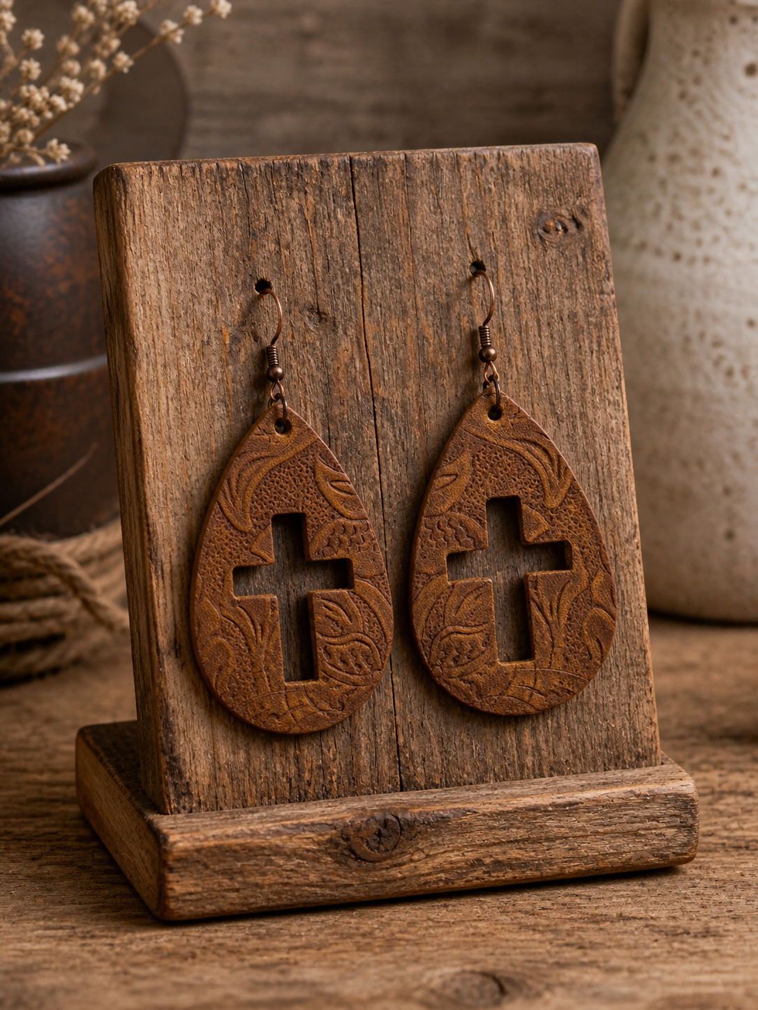 Medium Tone Hand Crafted Leather Teardrop Cross Earrings