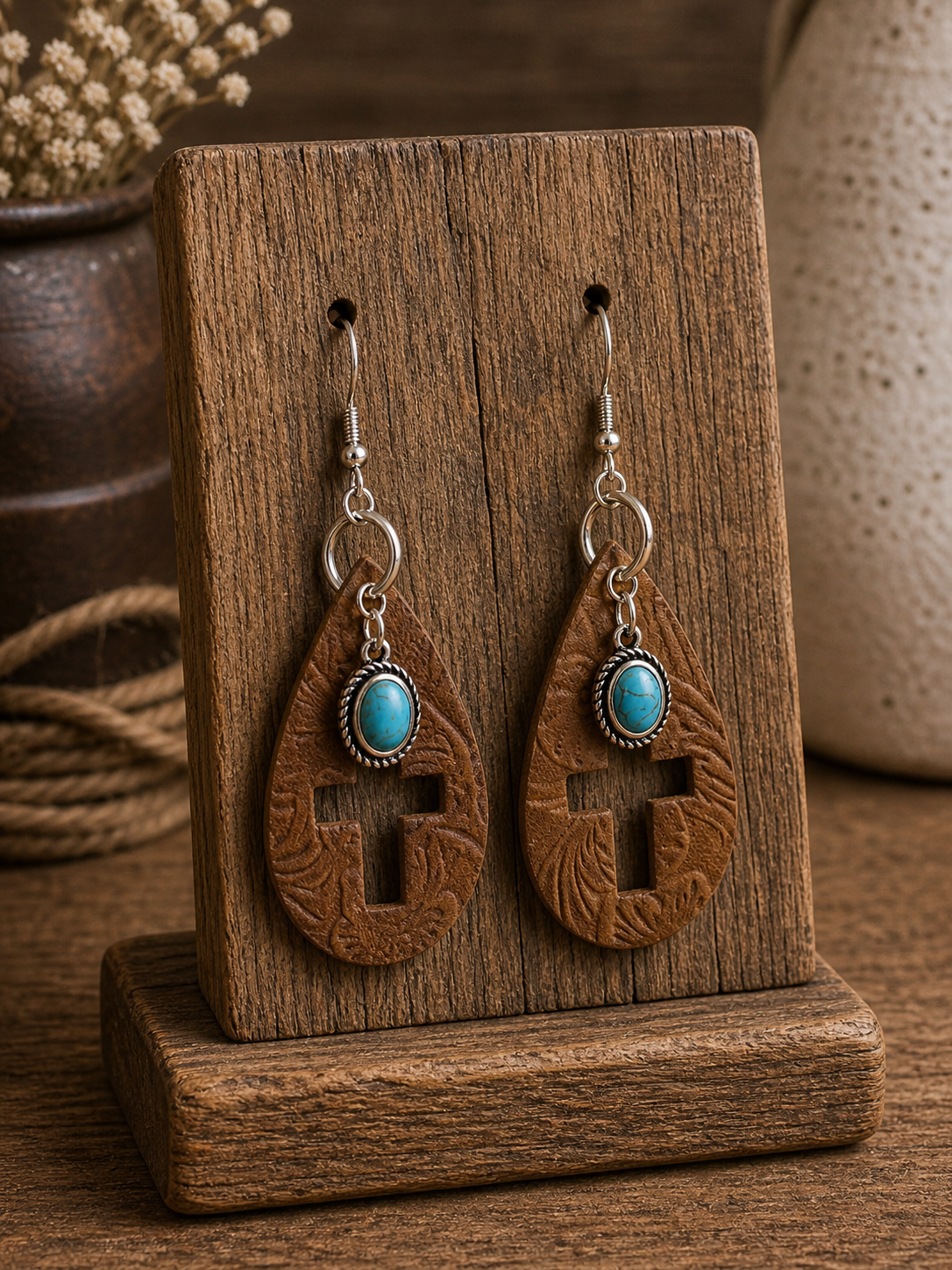 Tooled Leather Teardrop Cross Earrings w/Turquoise Pendant