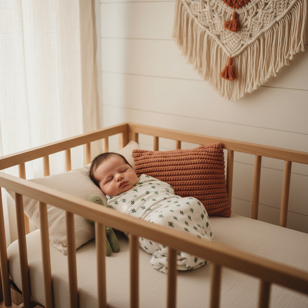 Baby Snuggled in Cactus Pointelle Swaddle