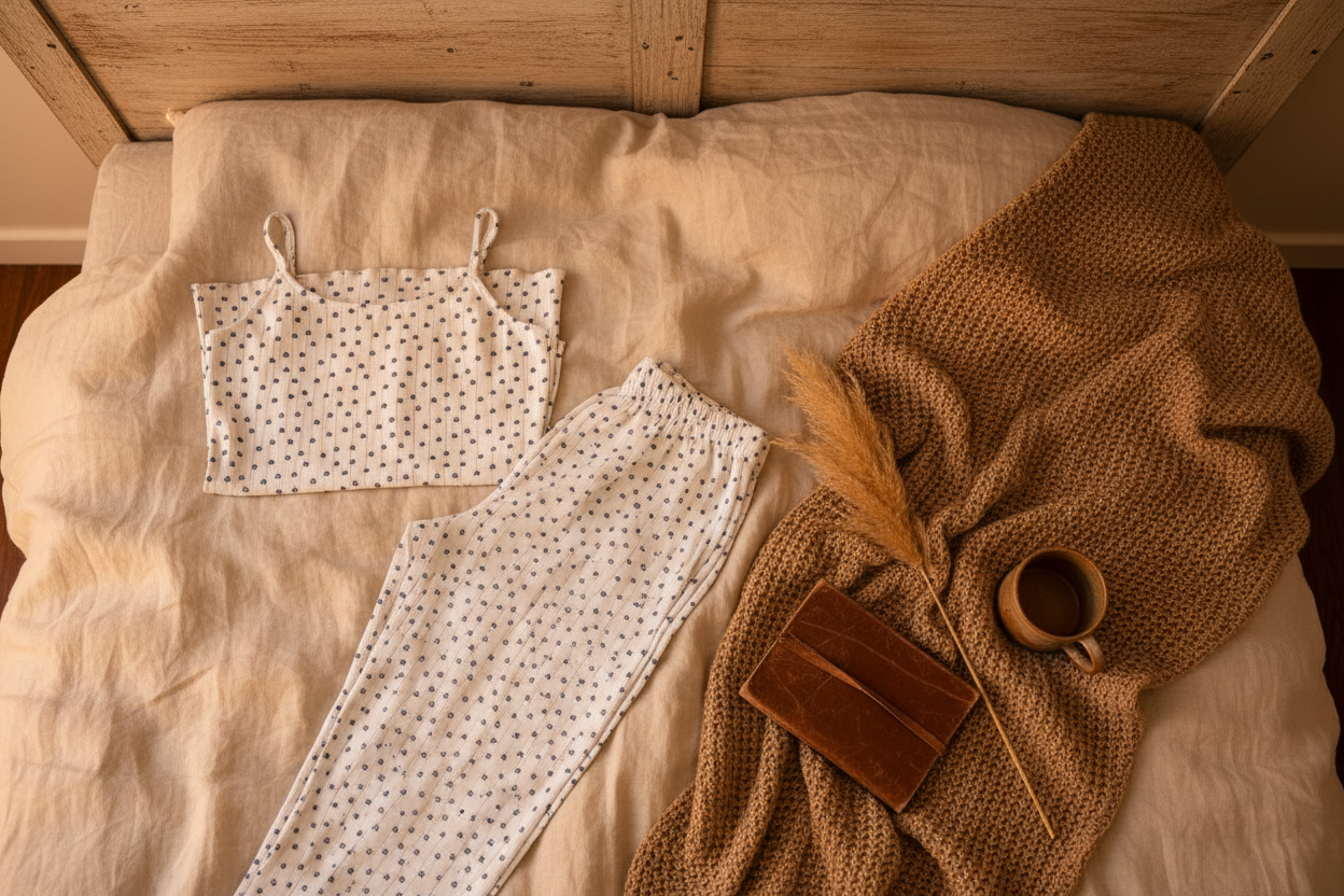 Blue Wildflower Lounge Set Cozy Bedroom Flat Lay