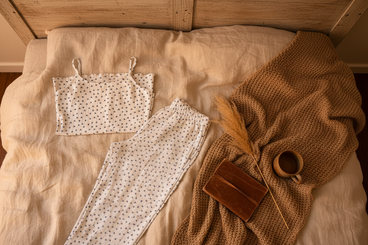 Blue Wildflower Lounge Set Cozy Bedroom Flat Lay