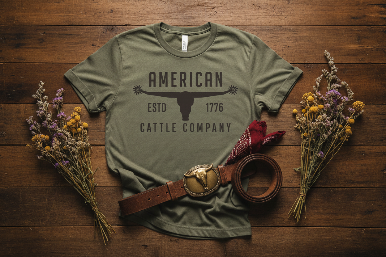 Bull with Spurs Tee — Rustic Flat Lay