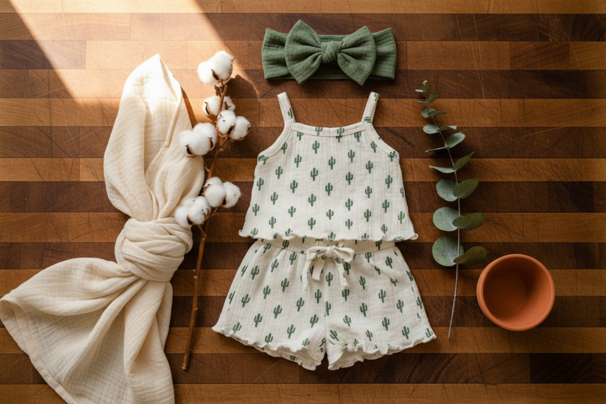 Cactus Pointelle Shorts Set - Farmhouse Butcher Block Flat Lay