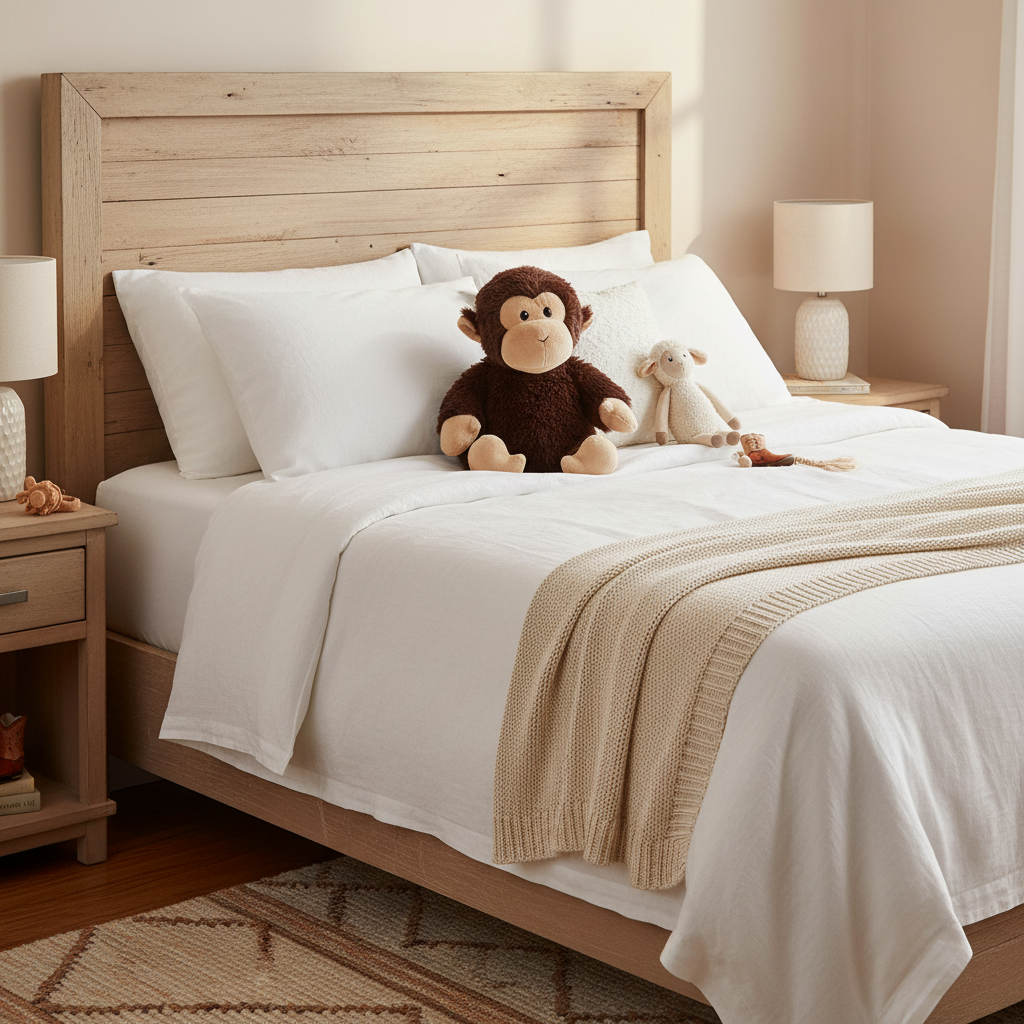 Chimp Warmie on Farmhouse Bed