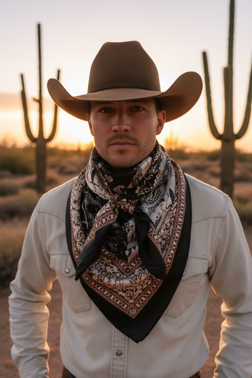 Cowboy in Desert Wearing Two Tone Black Paisley Wild Rag