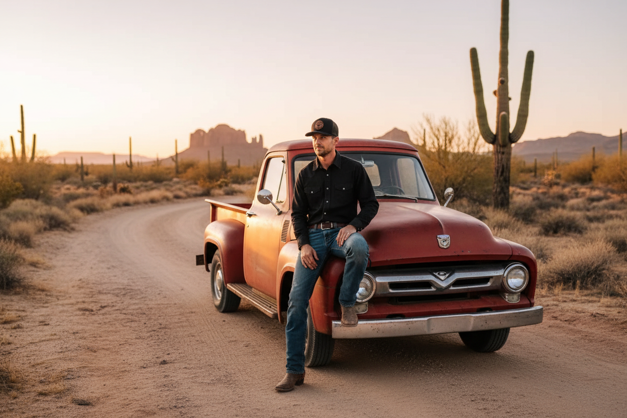 Cowboy on Vintage Ford Truck Desert