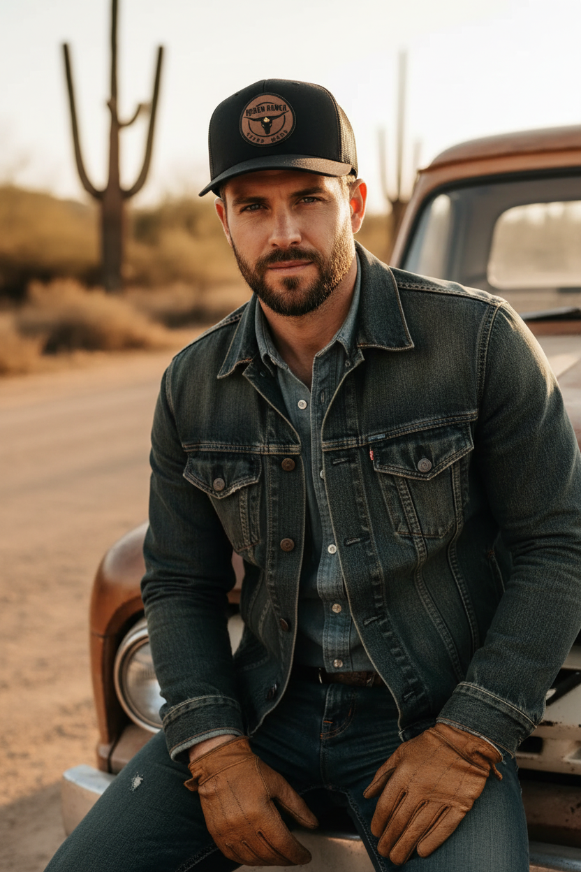 Cowboy Wearing Hat Backwards on Vintage Truck