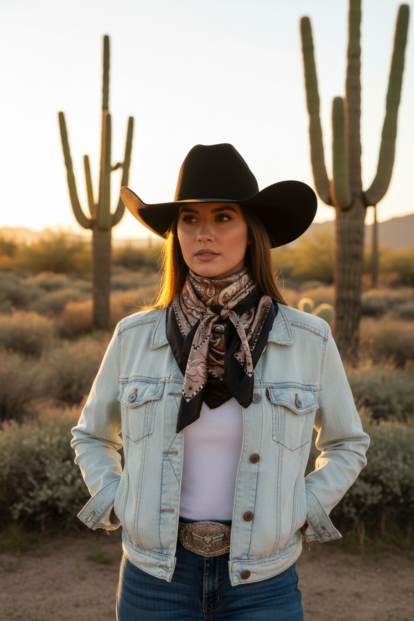 Cowgirl in Desert Wearing Black & Tan Paisley Wild Rag