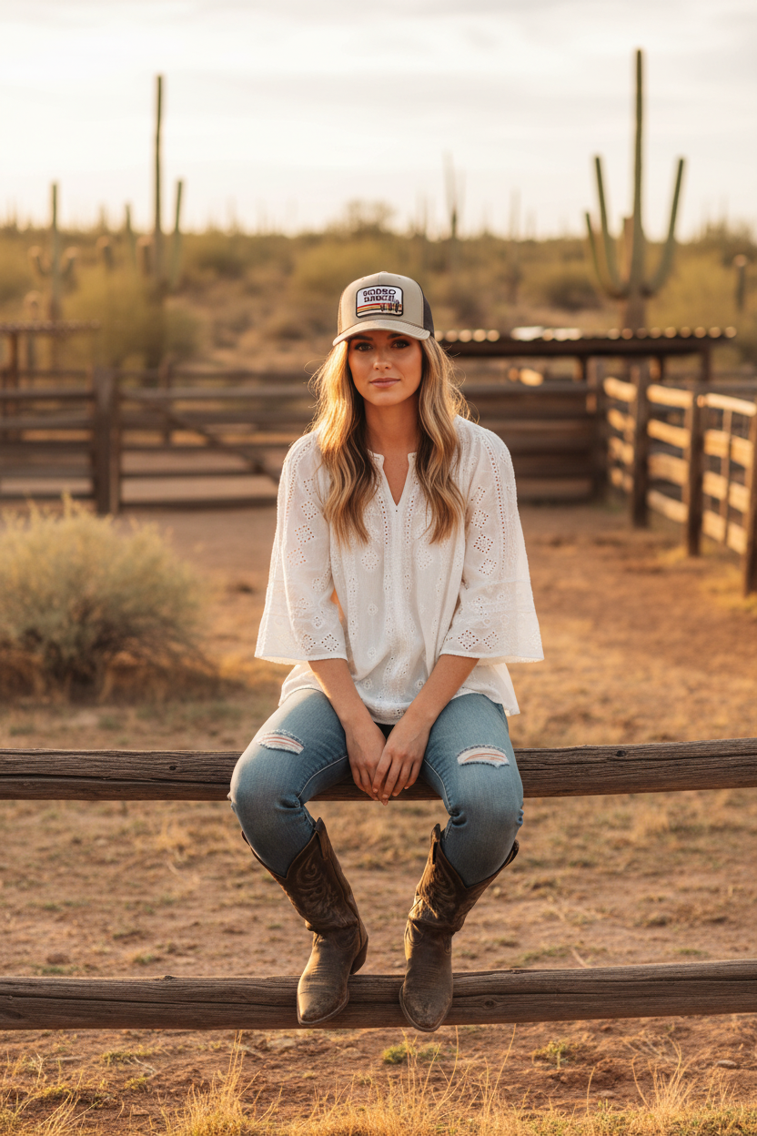 Cowgirl on Fence Wearing Retro Cactus Hat