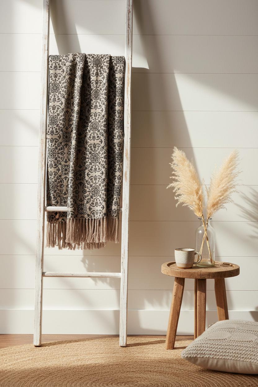 Custom House Throw Draped on Farmhouse Ladder