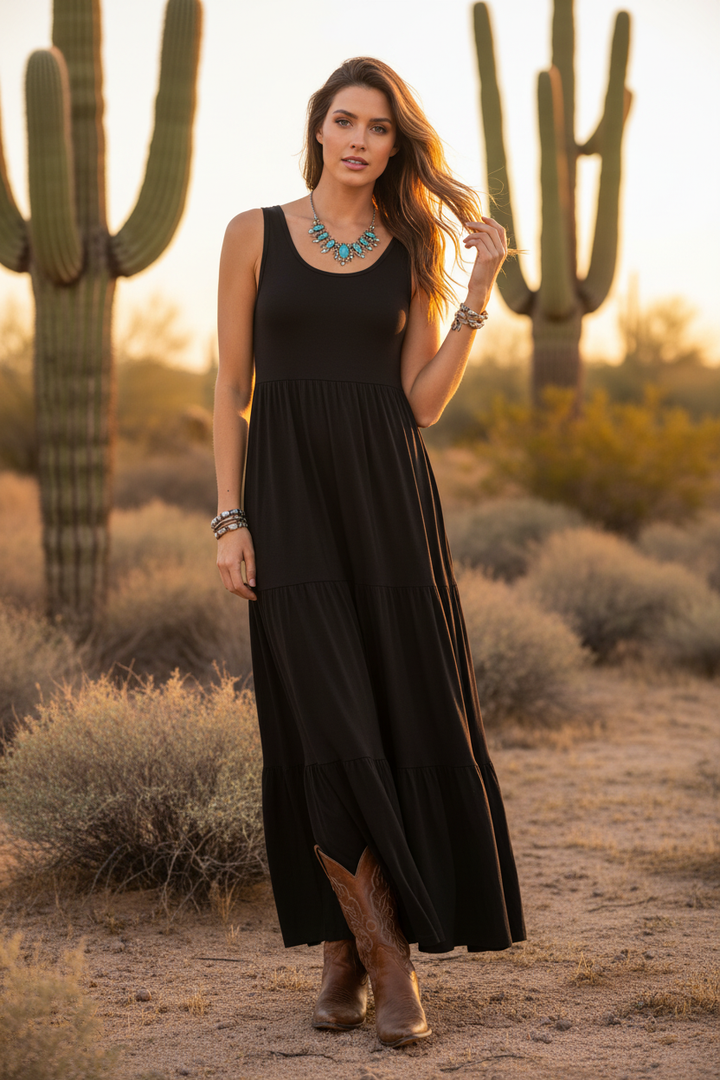 Desert Dusk Tiered Maxi Dress — Desert Lifestyle with Cowboy Boots