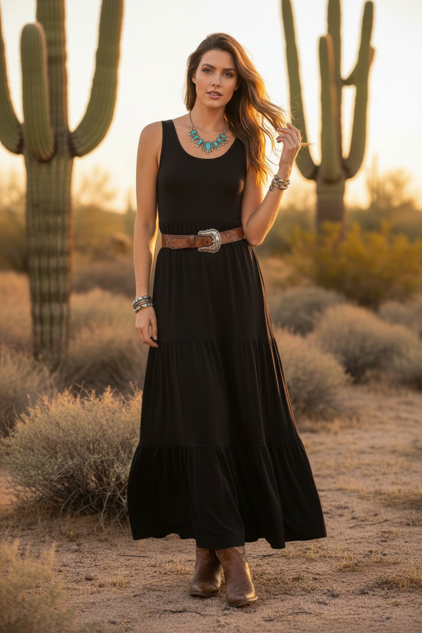 Desert Dusk Tiered Maxi Dress — Western Belt Lifestyle