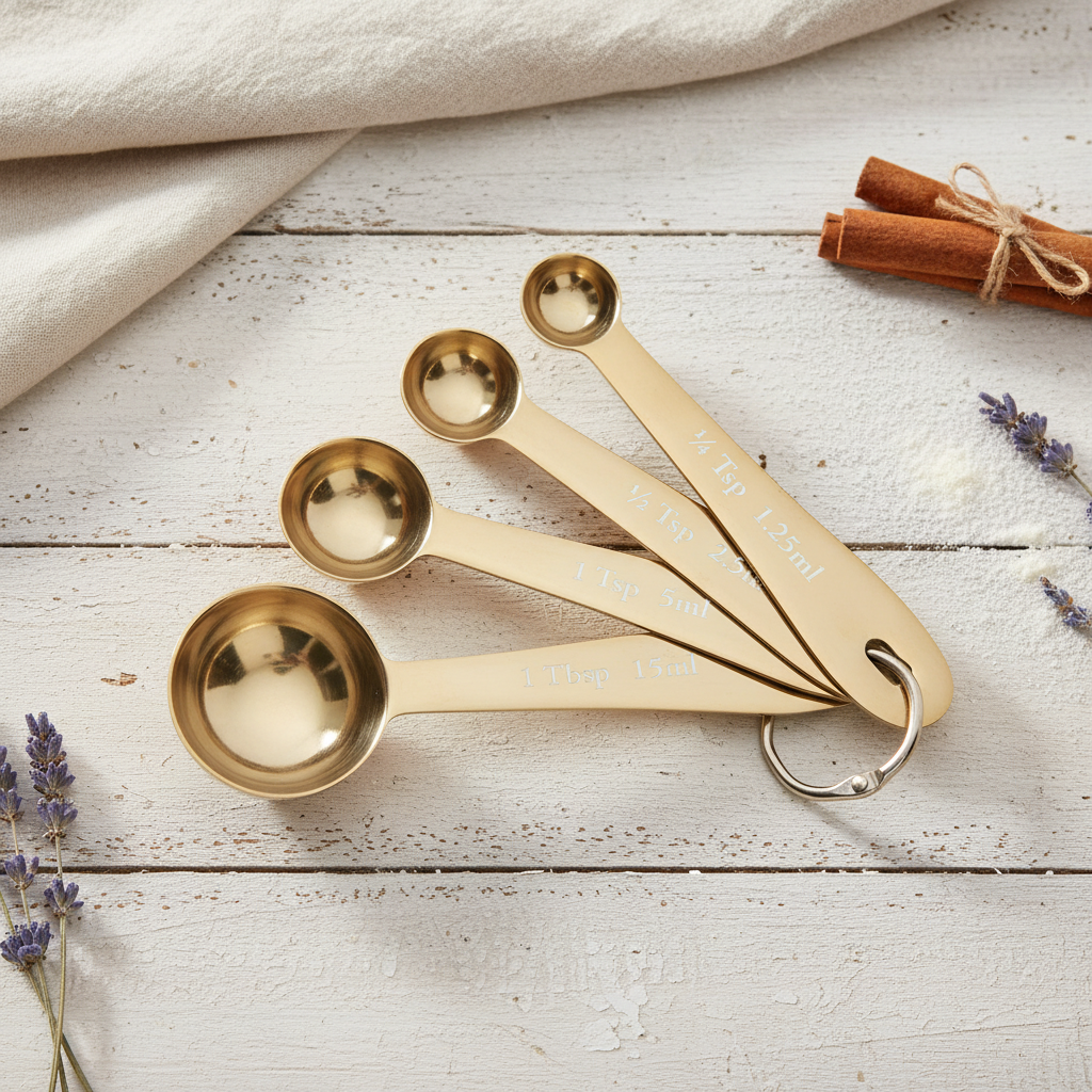 Gold Measuring Spoons — Rustic Farmhouse Background