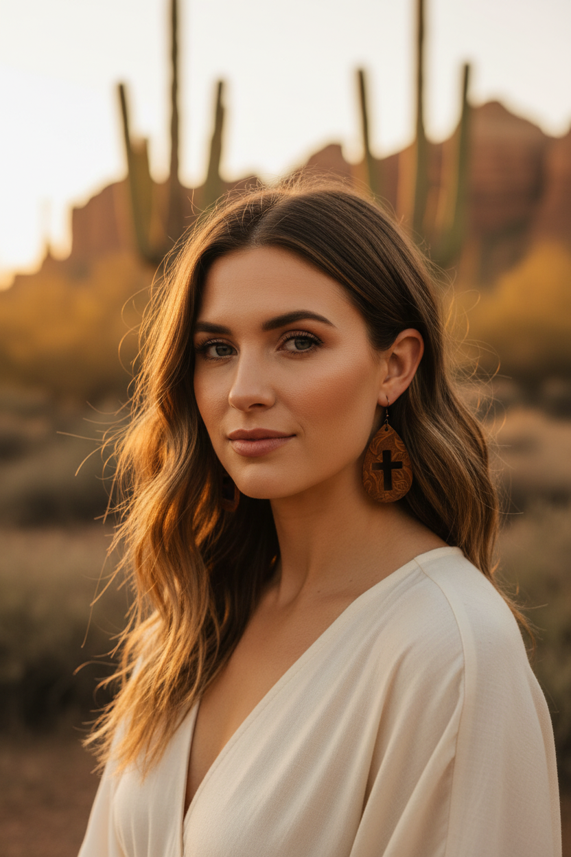 Hand Crafted Leather Teardrop Cross Earrings - Realistic Scale Portrait