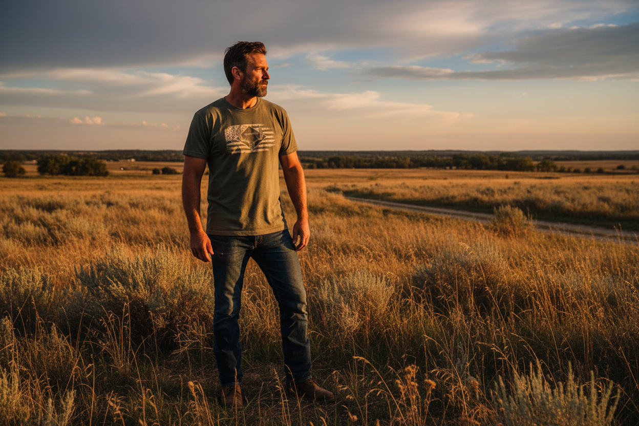 Man wearing the Westrek Wes Nation Skull Buck Tee in light olive standing at the edge of a rural field at golden hour with rustic hunting atmosphere