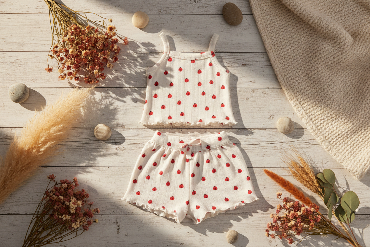 Ladybug organic pointelle baby summer set desert boho rustic farmhouse flat lay