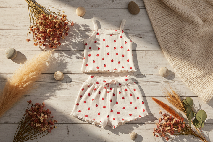 Ladybug organic pointelle baby summer set desert boho rustic farmhouse flat lay
