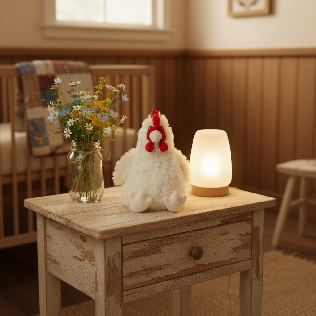 Chicken Warmie Junior on a rustic farmhouse children's bedside table with wildflowers and a nightlight