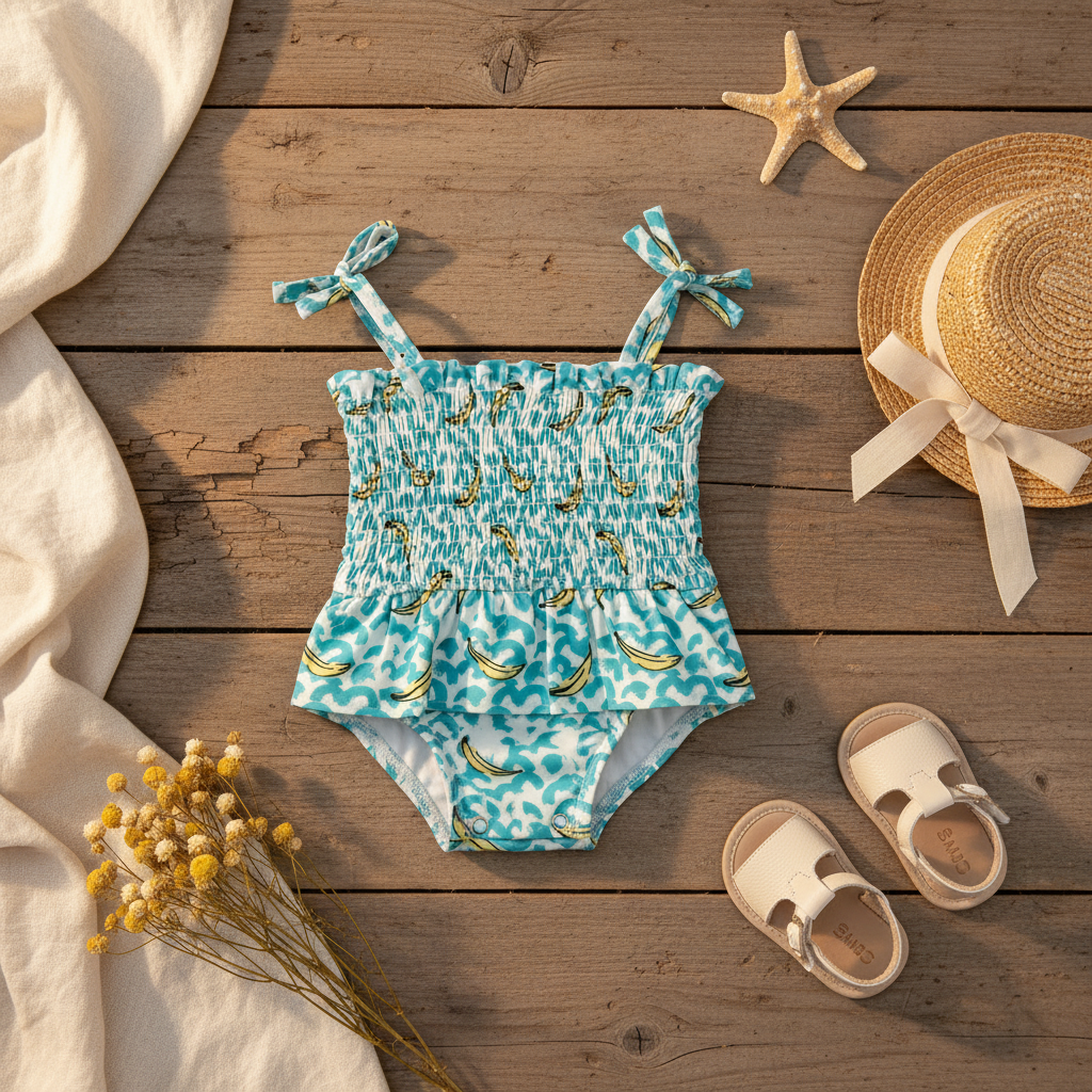 Rustic flat lay of SIIX Collection Bananas Soleil Swimsuit on reclaimed wood styled with tiny sun hat, baby sandals, starfish, dried wildflowers, and cream linen