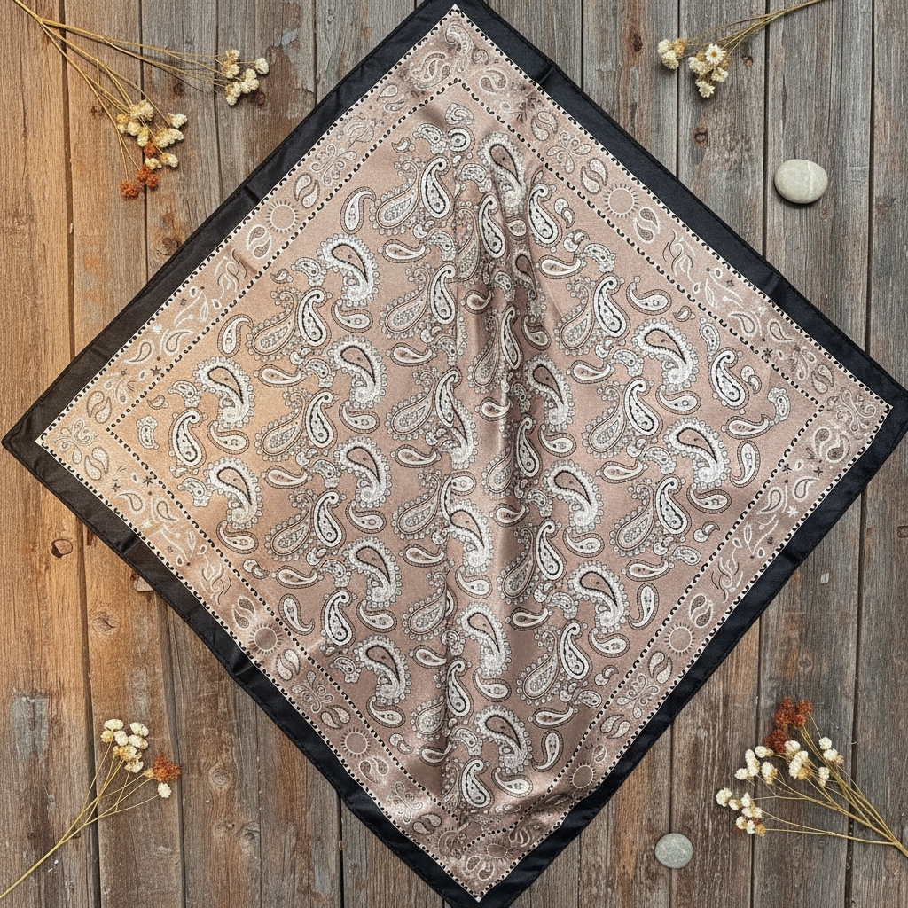 Black and tan paisley wild rag smooth lay flat display on rustic weathered wood