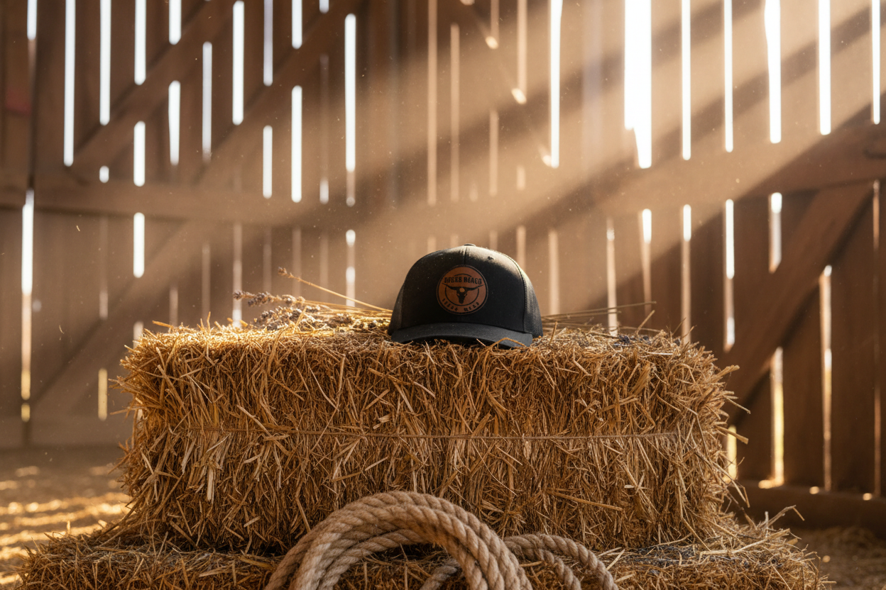 Solid black Rodeo Ranch Texas Made snapback trucker hat displayed on rustic hay bale inside weathered barn with warm golden light streaming through slats