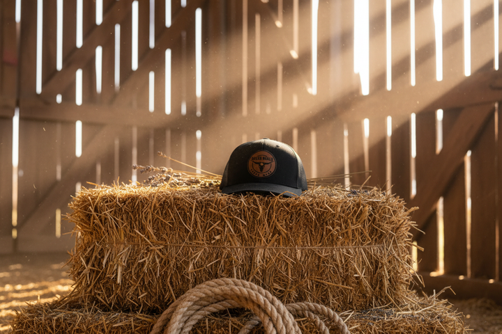 Solid black Rodeo Ranch Texas Made snapback trucker hat displayed on rustic hay bale inside weathered barn with warm golden light streaming through slats
