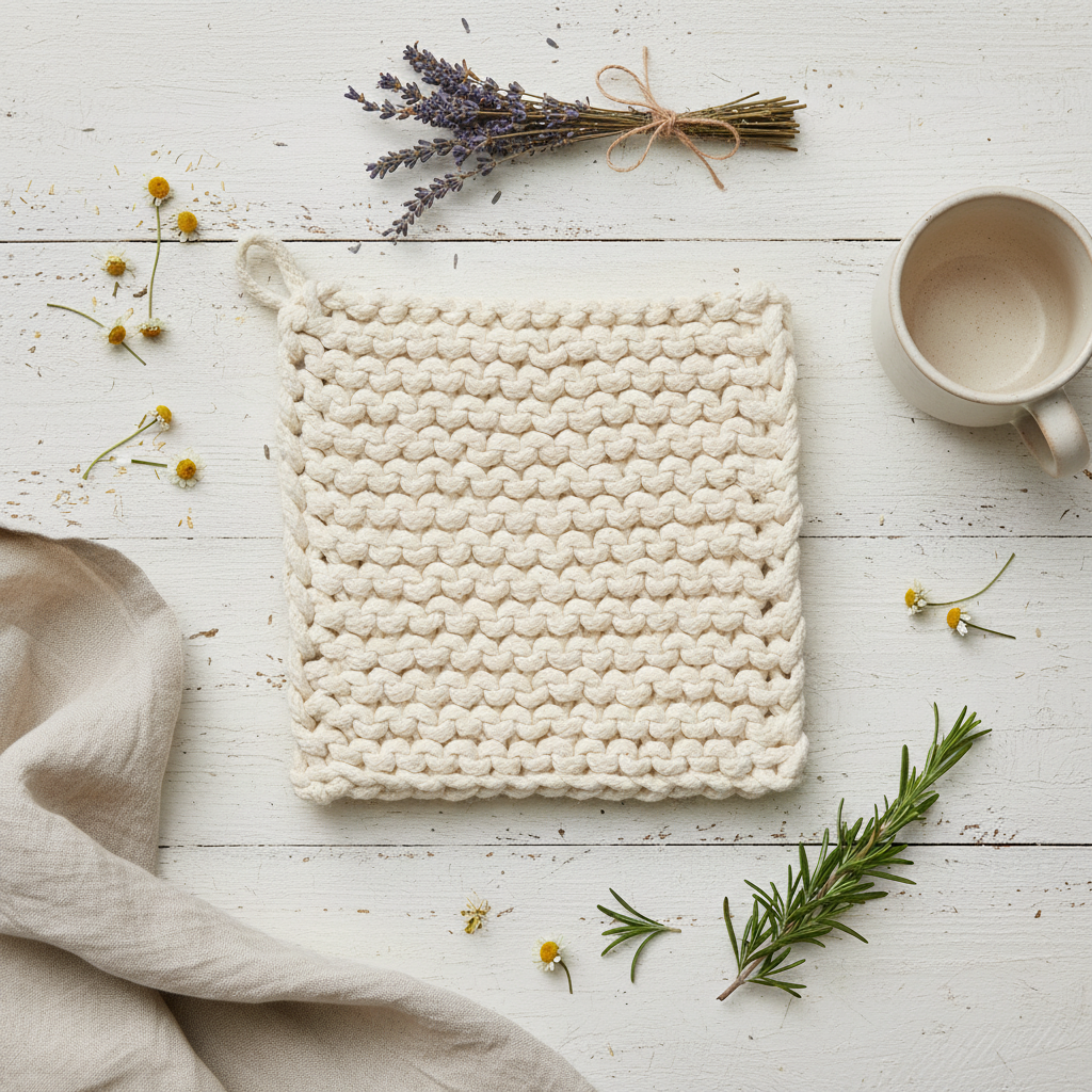 Cream chunky knit potholder flat lay on whitewashed wood with ceramic mug, dried lavender, rosemary and linen towel in rustic farmhouse setting