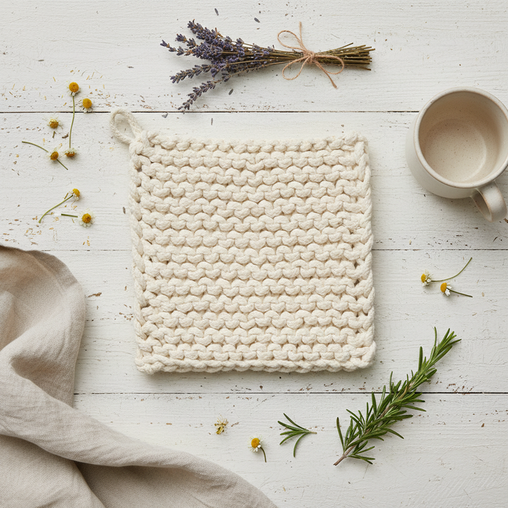 Cream chunky knit potholder flat lay on whitewashed wood with ceramic mug, dried lavender, rosemary and linen towel in rustic farmhouse setting