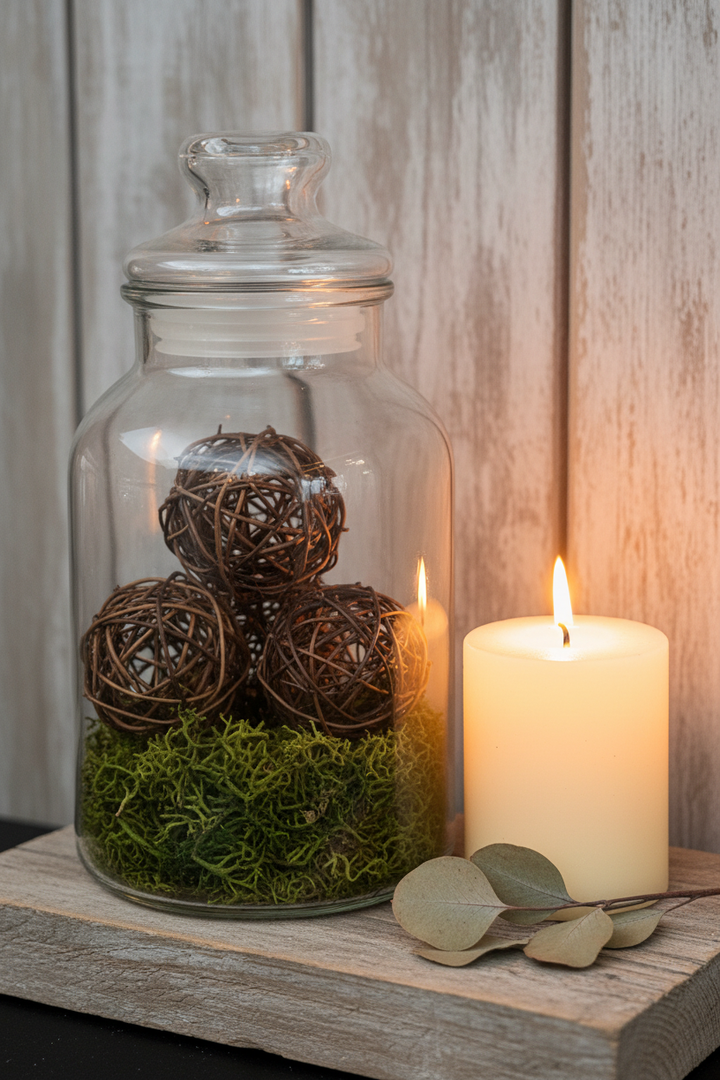 Three natural woven vine balls in a clear glass apothecary jar with decorative moss in the bottom beside a lit pillar candle and dried eucalyptus on weathered wood in warm amber farmhouse kitchen light