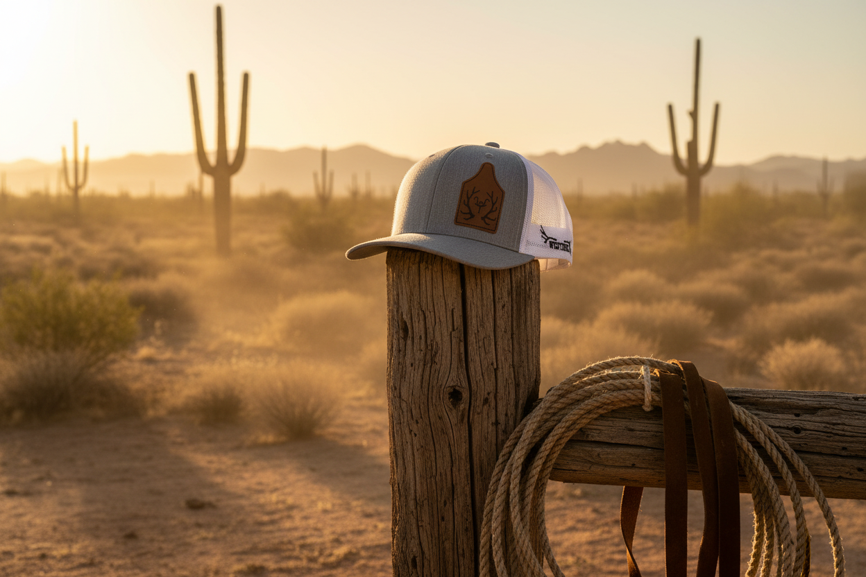 Elk Brand Calf Tag Snapback Hat styled in a rustic outdoor desert ranch setting with golden-hour light and saguaro cacti