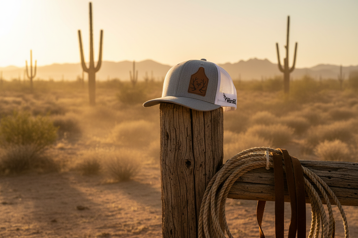 Elk Brand Calf Tag Snapback Hat styled in a rustic outdoor desert ranch setting with golden-hour light and saguaro cacti