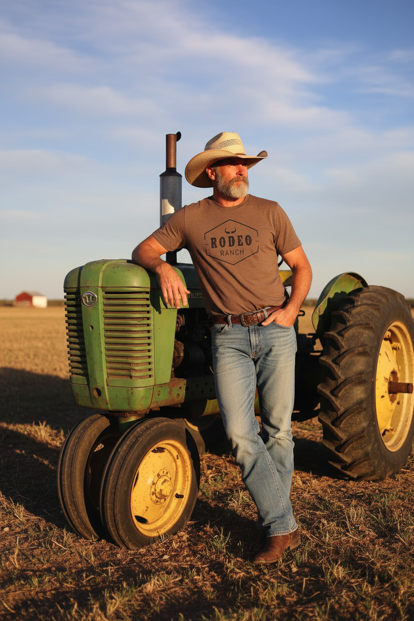 Weathered older cowboy with salt and pepper beard leaning on green farm tractor in golden Texas field wearing heather brown Rodeo Ranch Classic Logo t-shirt with beat-up straw hat and boots