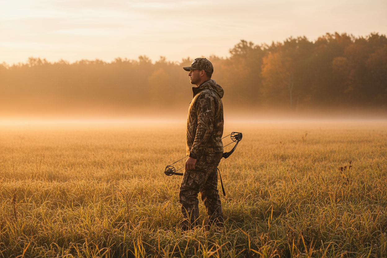 Hunter wearing We Grow Deer flag snapback hat in Bottomland camo at edge of autumn field at sunrise