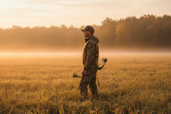 Hunter wearing We Grow Deer flag snapback hat in Bottomland camo at edge of autumn field at sunrise
