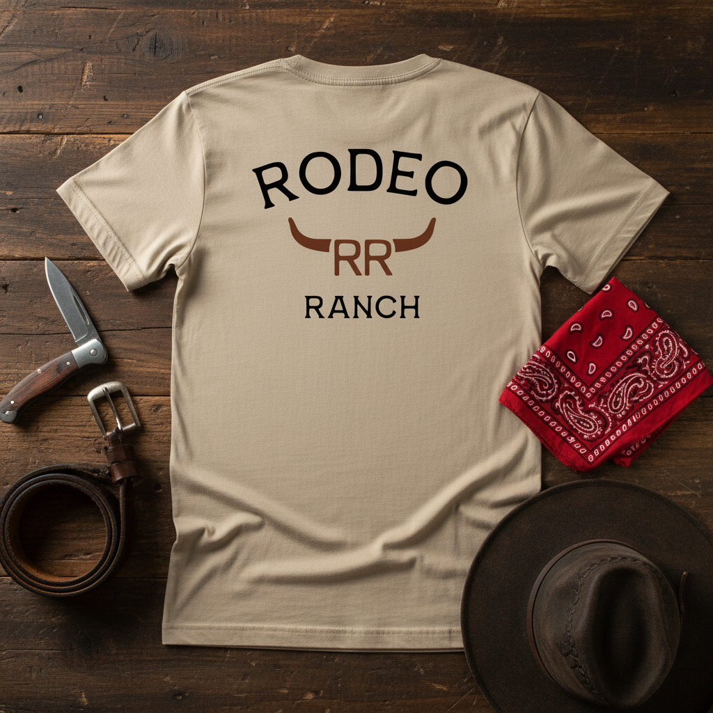 Flat lay display of tan Rodeo Ranch RR Ranch t-shirt with longhorn bull graphic on dark weathered wood with leather belt, pocket knife, bandana and cowboy hat