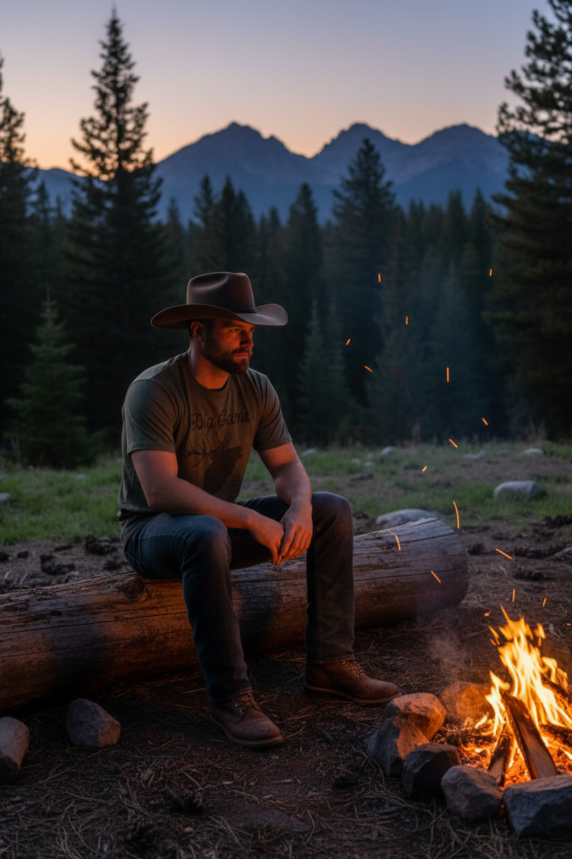 Man wearing military green frost bugling elk graphic tee sitting on log by campfire in mountains at dusk