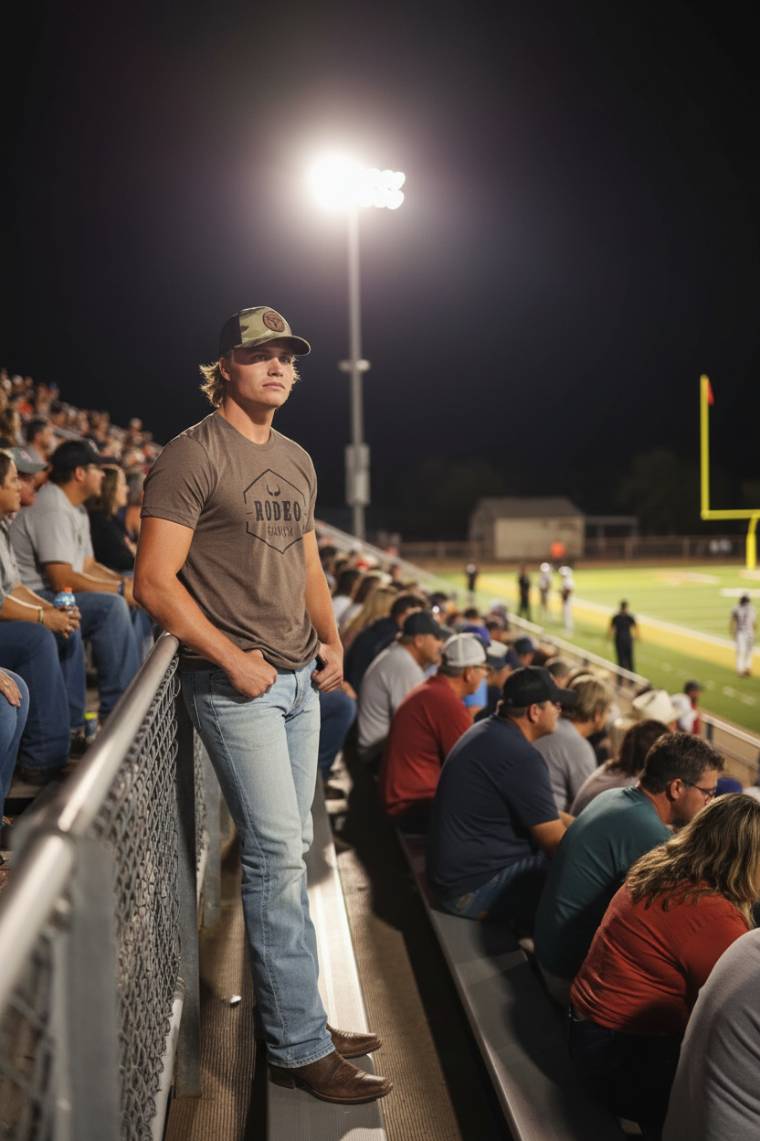 Rugged young cowboy at small town Texas Friday night football game wearing heather brown Rodeo Ranch Classic Logo t-shirt leaning on bleachers with stadium lights and football field in background