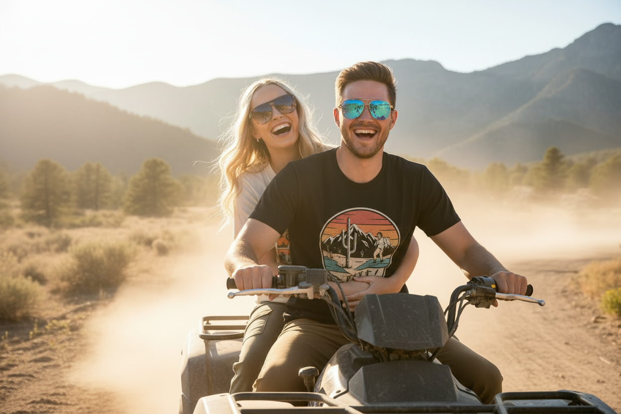 Skye Aviator sunglasses on a guy and girl having fun on a 4-wheeler in the mountains
