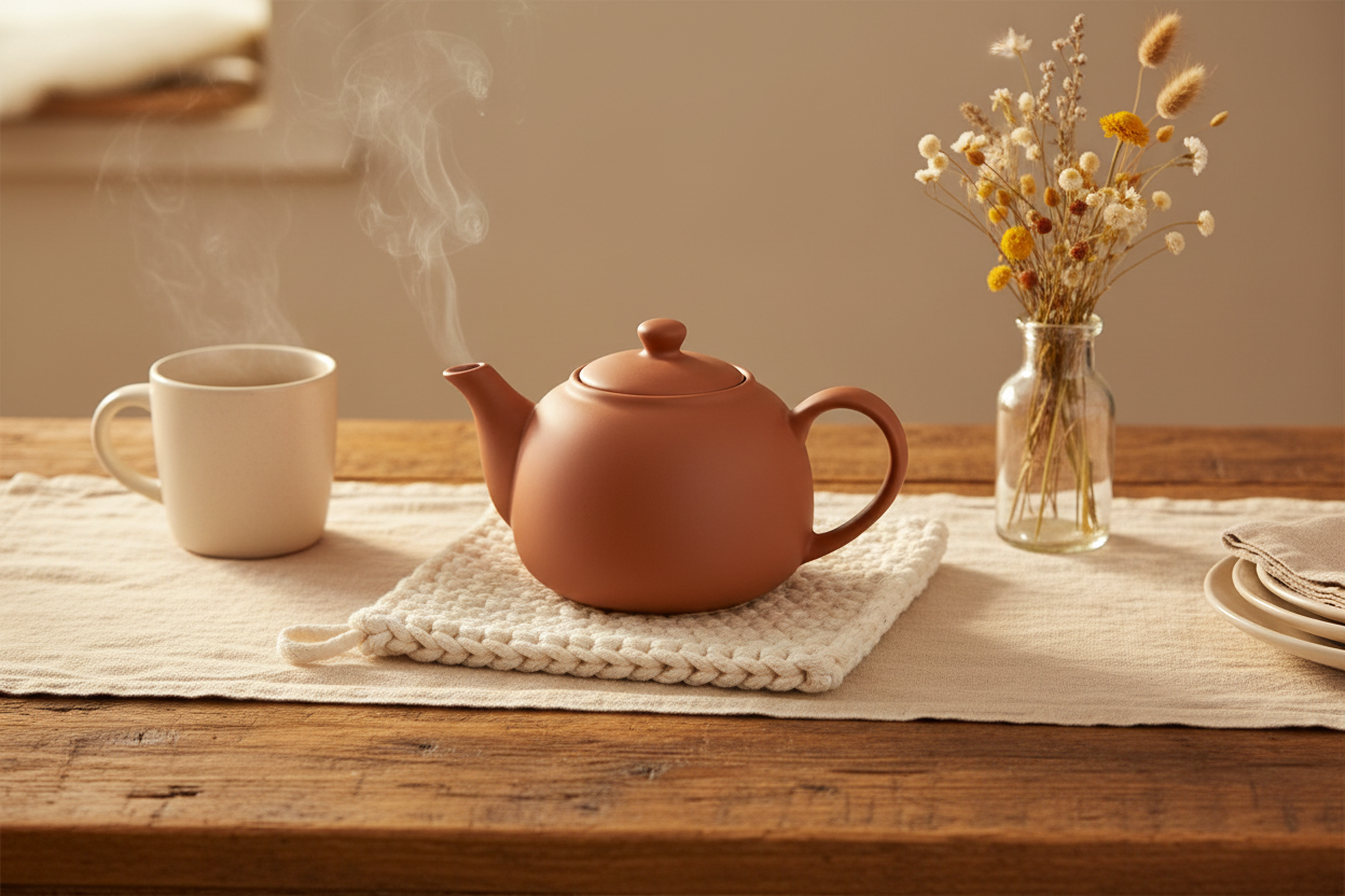 Cream chunky knit potholder used as trivet under ceramic teapot on rustic reclaimed wood farmhouse table with linen runner and dried wildflowers