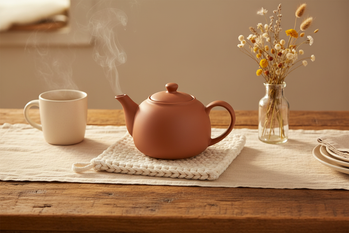 Cream chunky knit potholder used as trivet under ceramic teapot on rustic reclaimed wood farmhouse table with linen runner and dried wildflowers