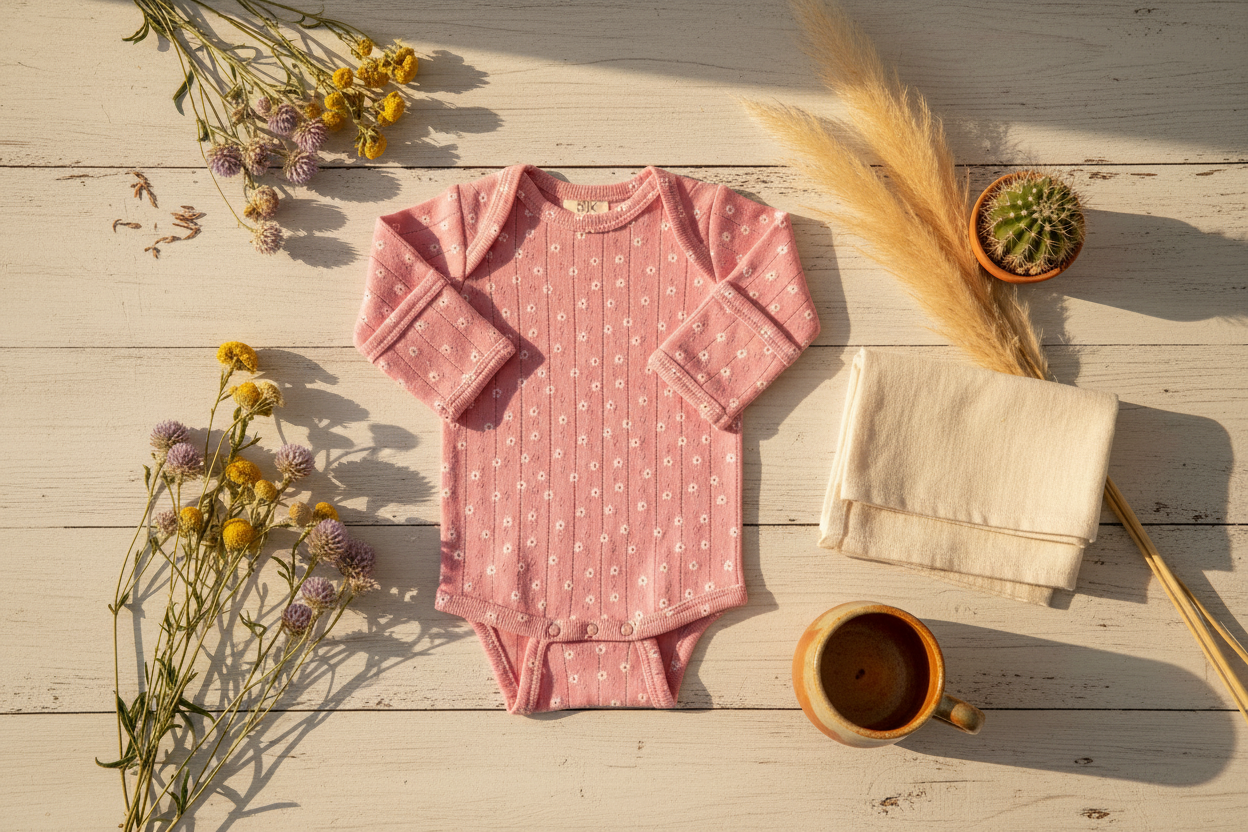 Pink flower organic pointelle long sleeve baby bodysuit rustic farmhouse desert flat lay
