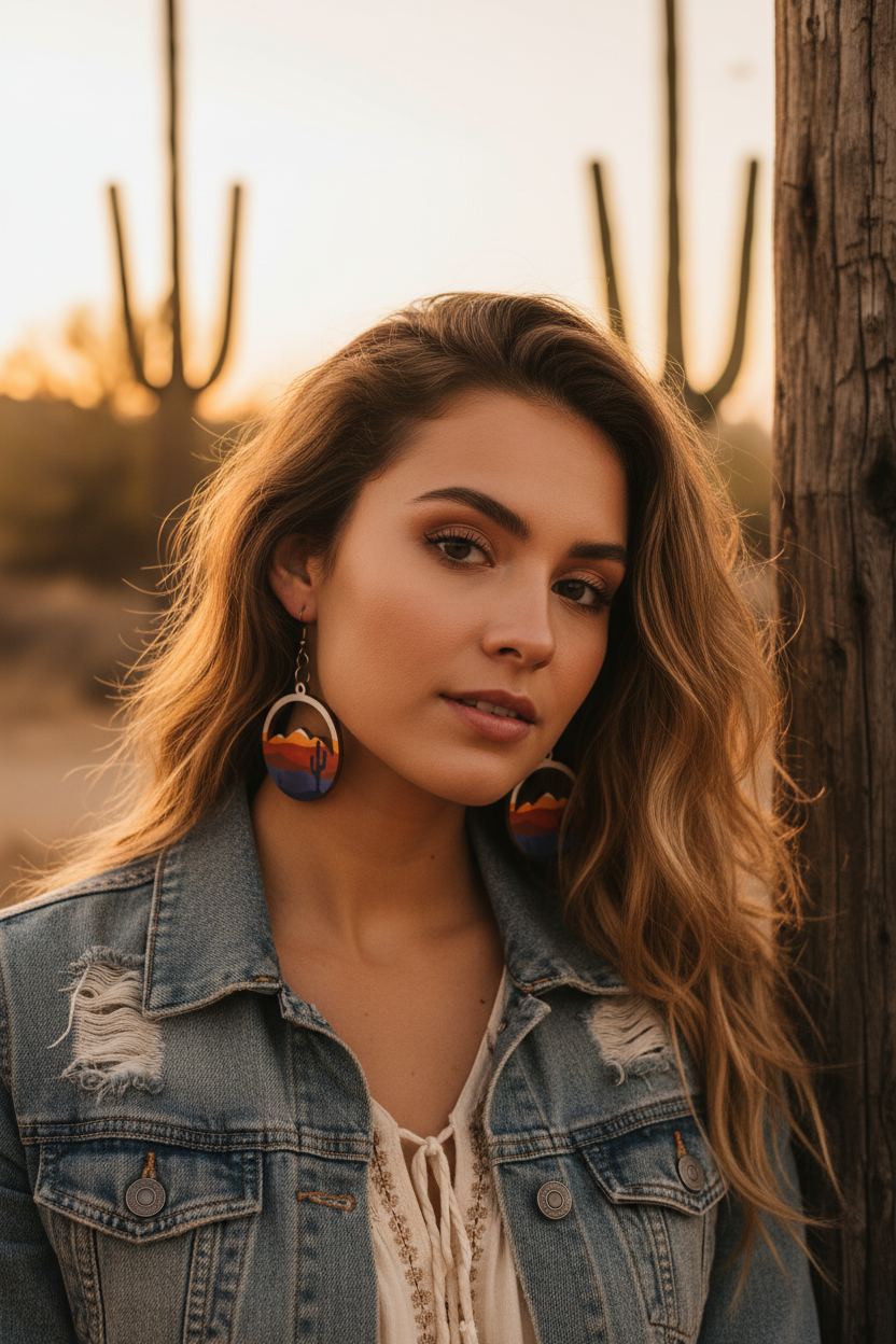 Young cowgirl wearing wooden desert scene dangle earrings in golden hour Arizona desert setting