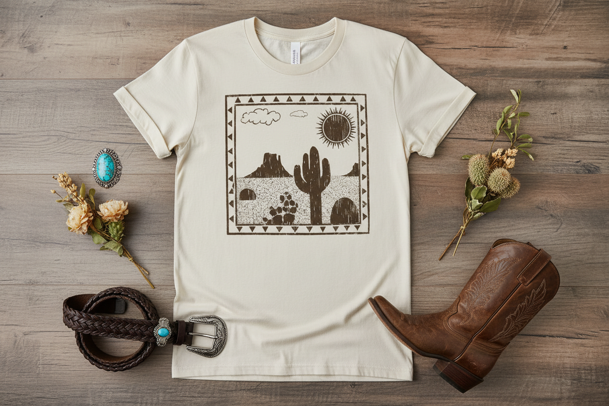 Cactus desert graphic tee flat lay display