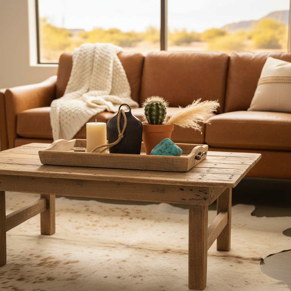 Small 3x4 inch aged iron bell true to size on weathered wooden tray on rustic coffee table with full-sized beeswax candle saguaro cactus in terracotta pot raw turquoise stone pampas grass cowhide rug and Arizona desert view through window in warm golden afternoon light