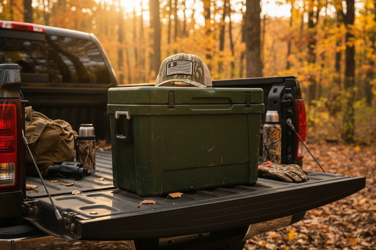 We Grow Deer flag snapback hat sitting on cooler in pickup truck bed tailgate down autumn