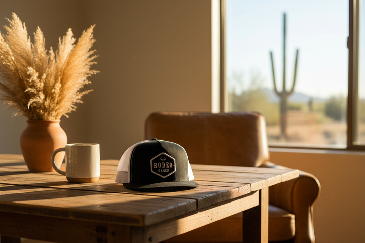 Rodeo Ranch black and white flat brim hat on weathered wood farmhouse kitchen table with ceramic mug, pampas grass and Arizona desert view